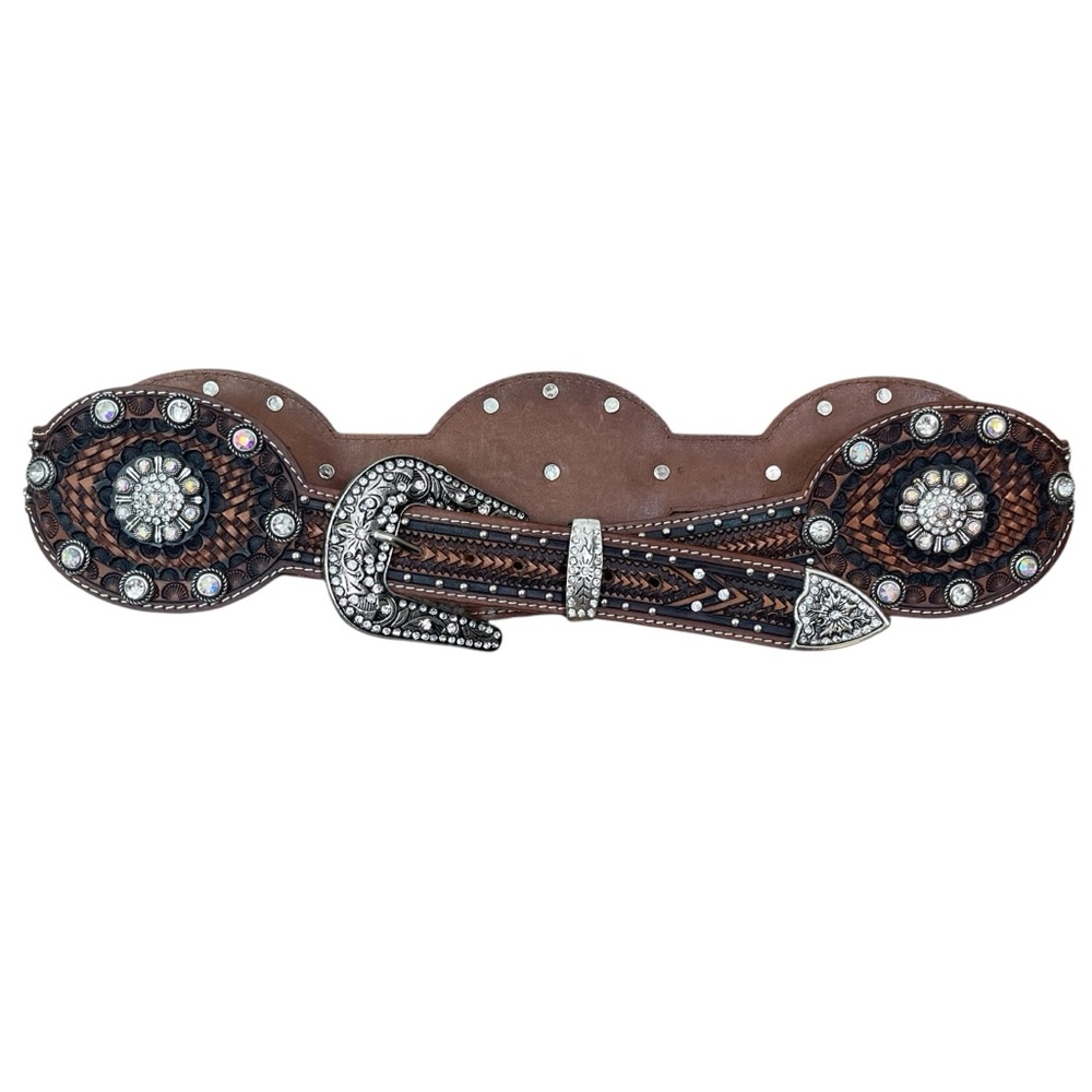 Tony Dilaz Women's Vntg Western NFR Bling Hand-Tooled Leather Belt Size 36